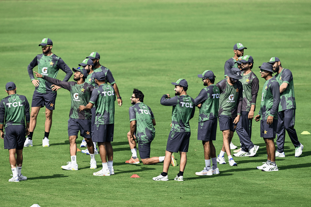 Pakistan's team players attend a practice session on the eve of their second Test cricket match against South Africa, at the Rawalpindi Cricket Stadium in Rawalpindi on October 19, 2025. (AFP)