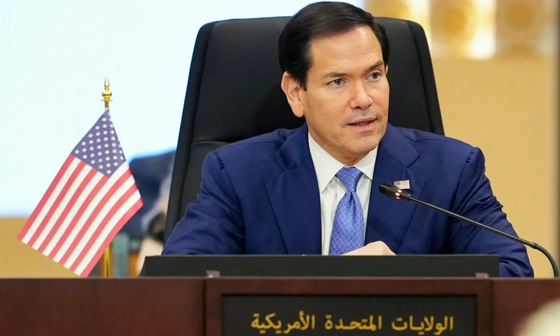 US Secretary of State Marco Rubio speaks during a meeting with foreign ministers of the Gulf Cooperation Council Member States during his visit to the Middle East to discuss the interim deal between the US and Iran with Arab Gulf allies, in Manama on June