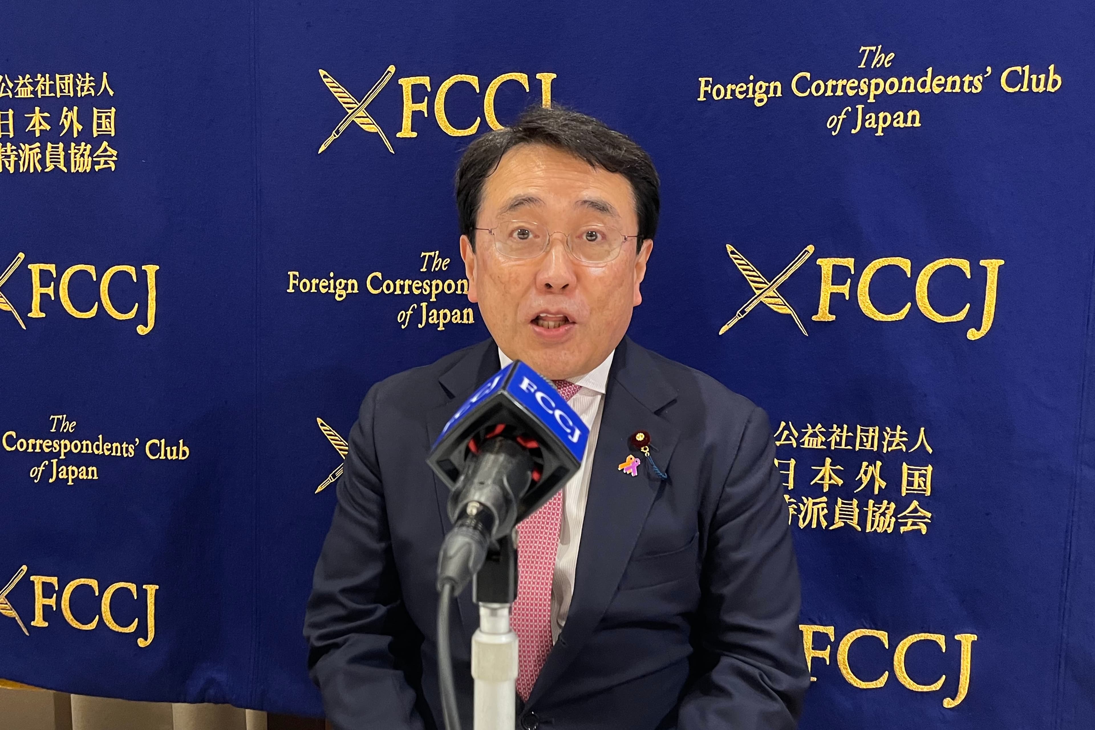 Japan’s top negotiator on President Donald Trump’s tariffs, Economic and Fiscal Policy Minister Ryosei Akazawa speaks to reporters at the Foreign Correspondents’ Club of Japan