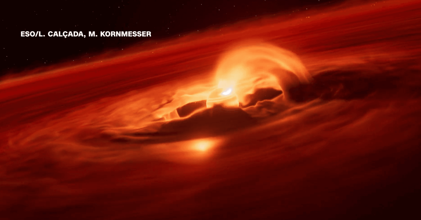 An animation shows an intensifying flow of gas and dust as it falls on rogue planet Cha 1107-7626. ESO/L. Calçada, M. Kornmesser)