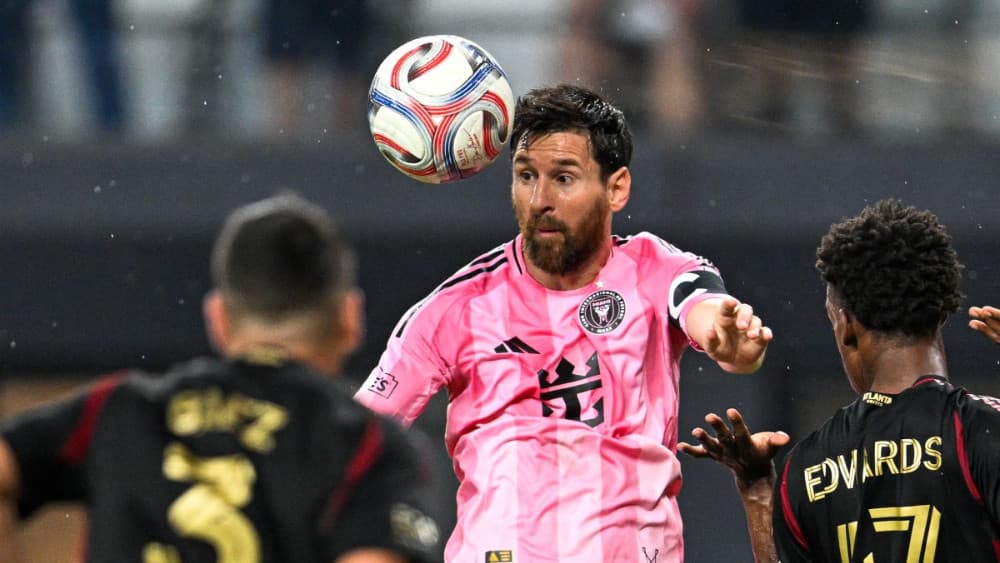 Inter Miami's Argentine forward #10 Lionel Messi goes up for a header during a Major League Soccer (MLS) regular season football match between Inter Miami CF and Atlanta United FC at Nu Stadium in Miami, Florida, on September 5, 2026. (AFP)