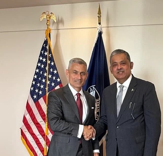 US Assistant Secretary of State S. Paul Kapur meets Pakistani Ambassador Rizwan Saeed Sheikh at the State Department on Nov. 8, 2025, to discuss advancing bilateral ties for greater prosperity and security.(X/Ambassador Rizwan Saeed Sheikh)