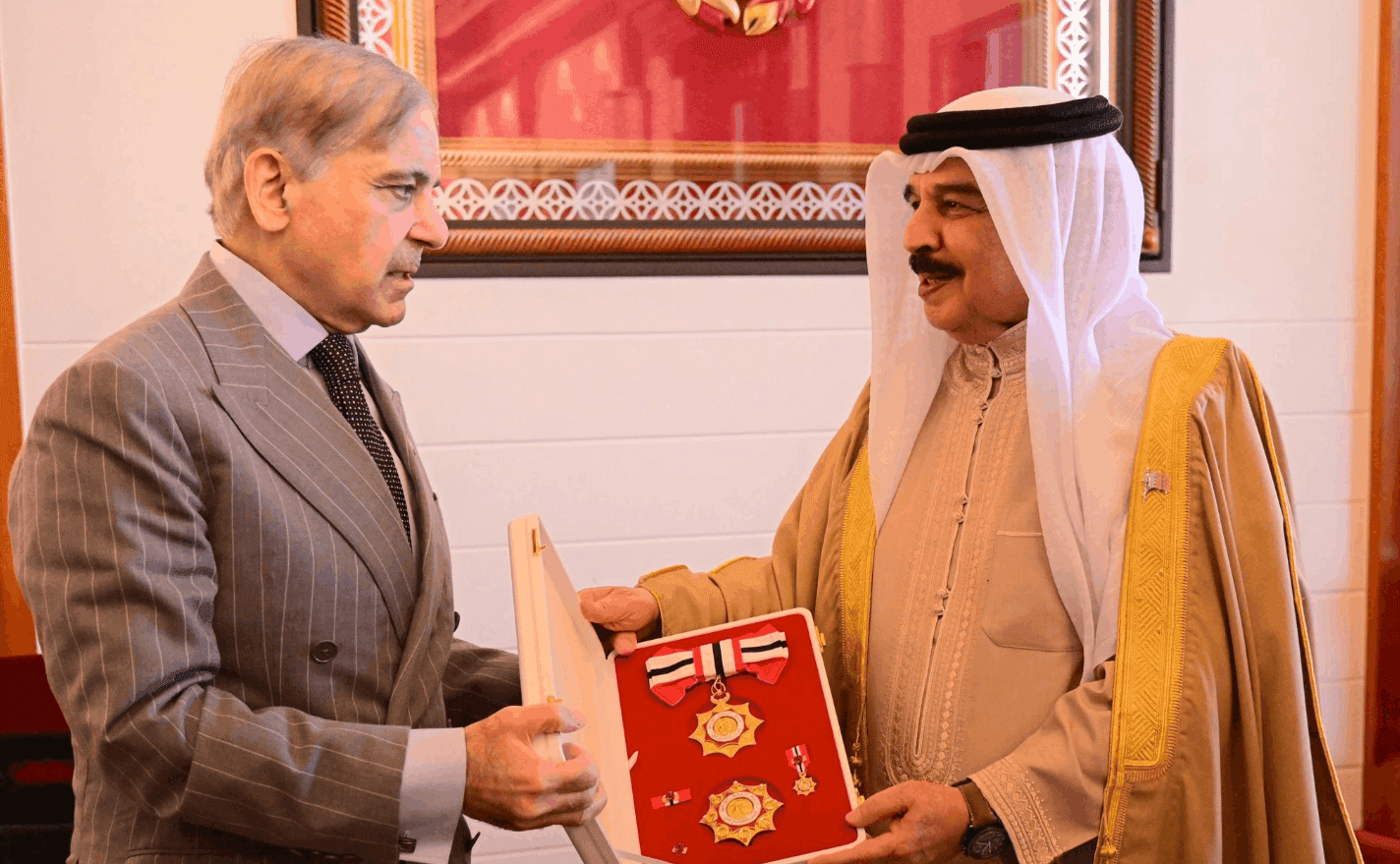 FILE: Pakistan Prime Minister Shehbaz Sharif receiving the revered award Order of Bahrain (First Class) from King Hamad bin Isa Al Khalifa, King of the Kingdom of Bahrain, in Manama, on November 26, 2025.