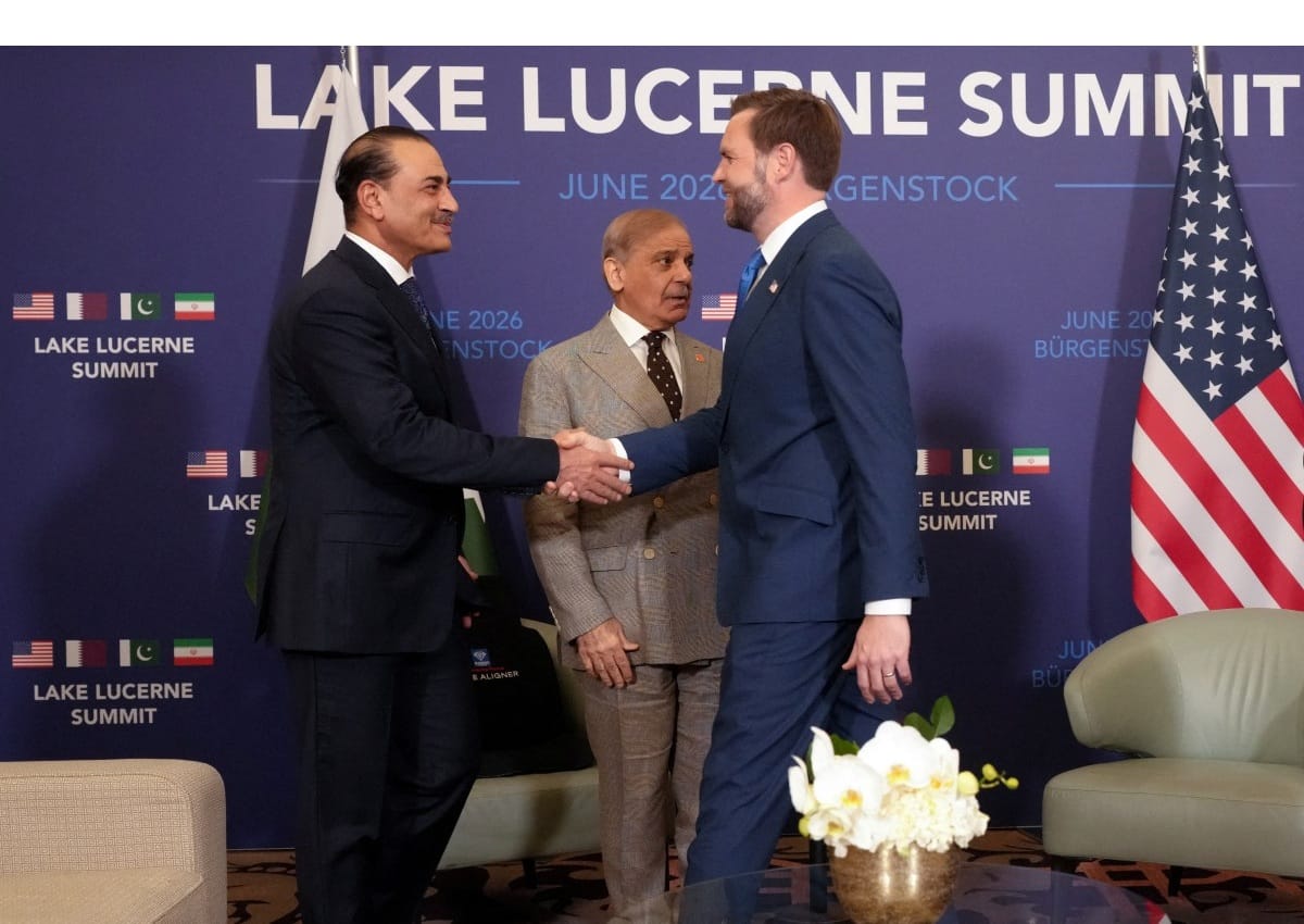 US Vice President JD Vance (R) shakes hands with Pakistan's Chief of Army Staff Field Marshal Asim Munir next to Pakistan's Prime Minister Shehbaz Sharif at the Burgenstock luxury hotel complex overlooking Lake Lucerne, Switzerland, on June 21, 2026. (AFP