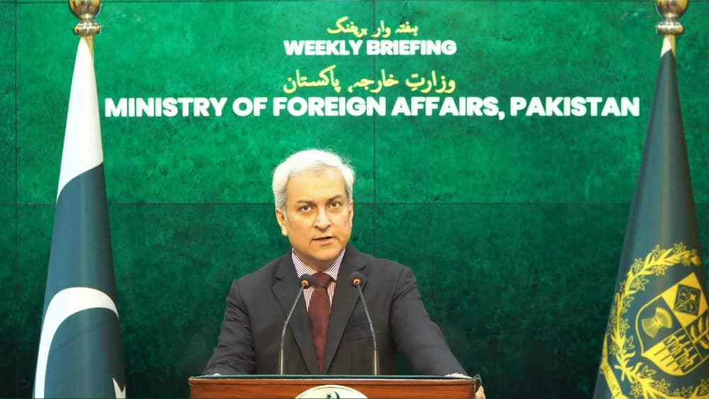 Pakistan’s Ministry of Foreign Affairs Spokesperson Tahir Andrabi speaks during a weekly press briefing in Islamabad on August 12, 2026. MOFA/X)