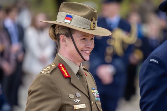 This handout photo from the Australian Defence Force taken on July 4, 2024, shows Lieutenant general Susan Coyle reacting as she attends an official event in Canberra. Coyle will command Australia's army for the first time since its founding 125 years ago