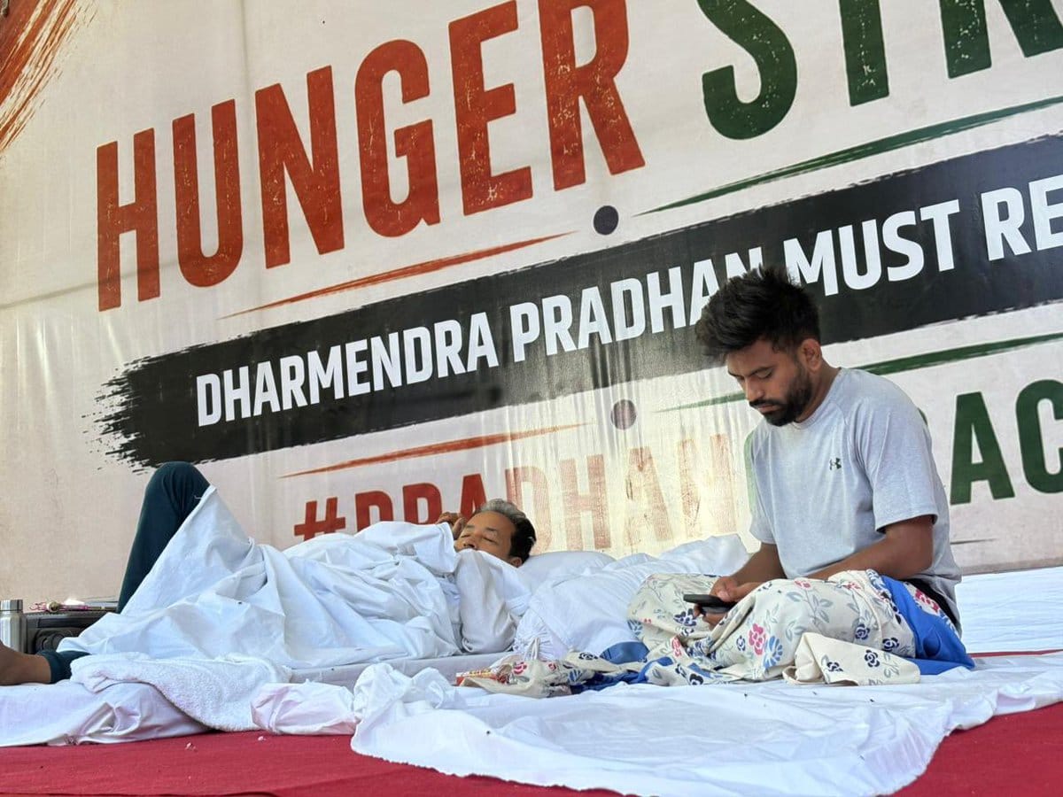 Student protesters, including organizer Abhijeet Dipke, sit at New Delhi’s Jantar Mantar on the 12th day of a protest over reported failures in India’s national examination system. (Abhijeet Dipke/X)