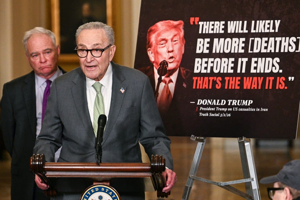 US Senate Minority Leader Chuck Schumer, Democrat from New York, speaks to the press alongside Senator Tim Kaine (L), Democrat from Virginia, following a closed-door lunch meeting with Senate Democrats at the US Capitol in Washington, DC, on March 3, 2026