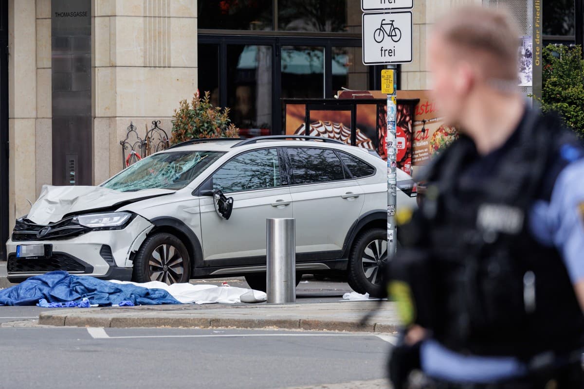 Members of the emergency services work at the scene where a car ploughed into people on a street leaving at least two dead and several injured, in the city centre in Leipzig, eastern Germany on May 4, 2026. (AFP)