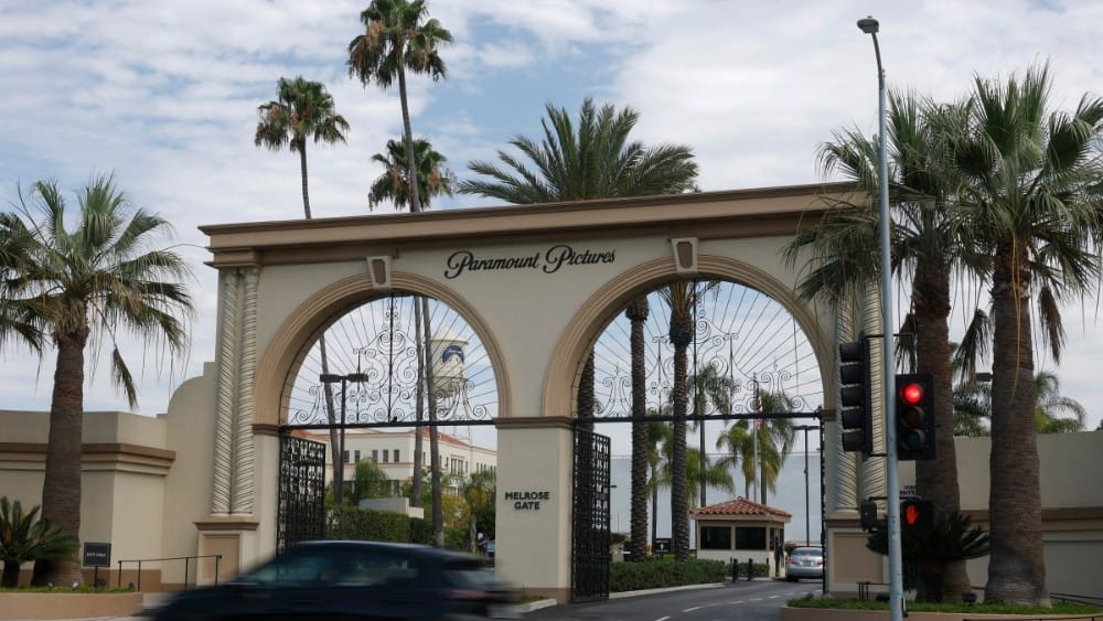 A car drives by the main gate at the Paramount Studios lot on July 13, 2026, in Los Angeles, California. (Photo: AFP)