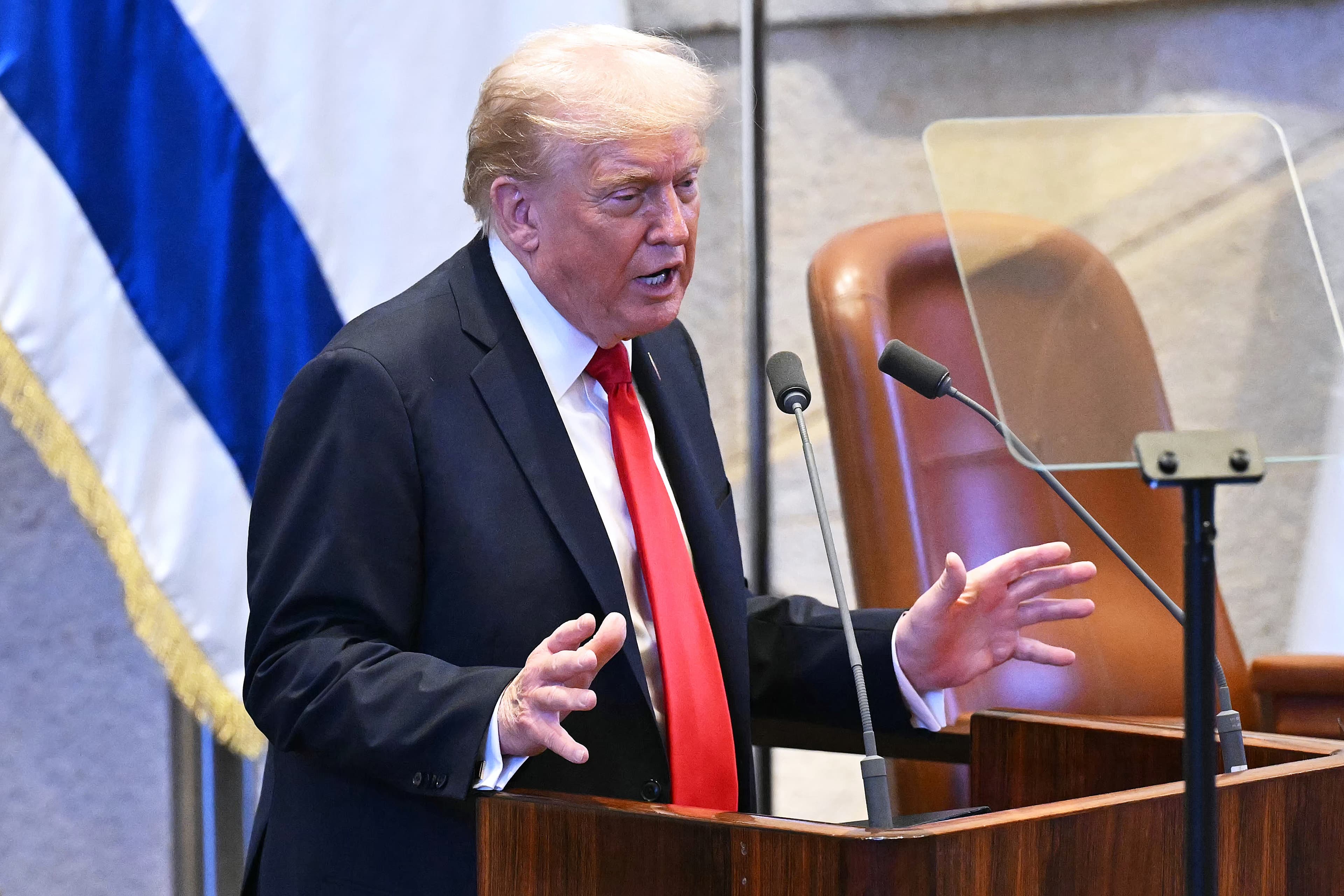 President Donald Trump addresses the Knesset, Israel's parliament, Monday, October 13, 2025, in Jerusalem. (AP)