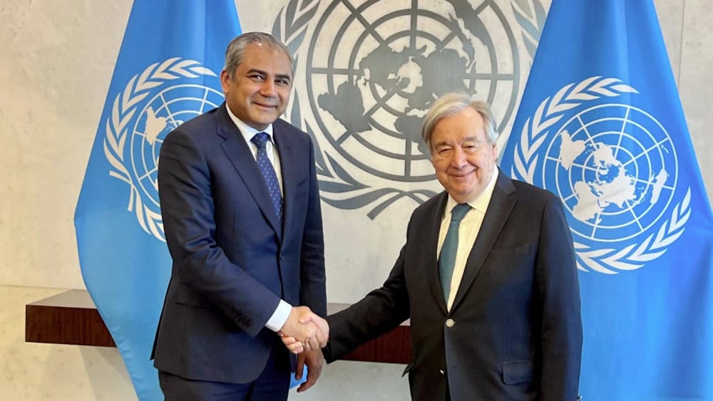 United Nations Secretary-General António Guterres (right) meets with Pakistan's Federal Minister for Interior and Narcotics Control, Syed Mohsin Naqvi, on the sidelines of the fifth United Nations Chiefs of Police Summit (UNCOPS 2026) at United Nations He