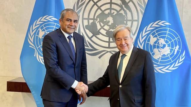 United Nations Secretary-General António Guterres (right) meets with Pakistan's Federal Minister for Interior and Narcotics Control, Syed Mohsin Naqvi, on the sidelines of the fifth United Nations Chiefs of Police Summit (UNCOPS 2026) at United Nations He