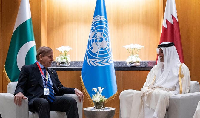 Emir of Qatar Sheikh Tamim bin Hamad Al Thani meets Prime Minister Shehbaz Sharif in Doha on March 5, 2023. (File photo: X/AmiriDiwan)