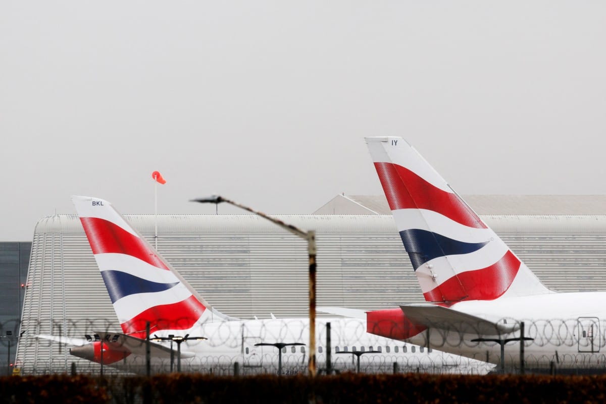 The tail fins of British Airways planes are pictured at Heathrow Airport in west London on February 27, 2026. (AFP)