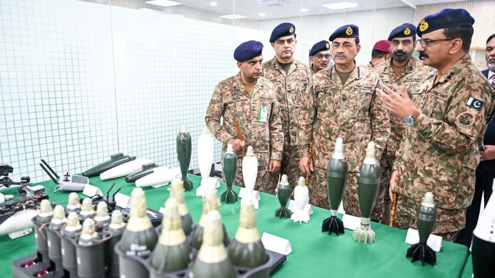 Pakistan's Chief of Defense Forces Field Marshal Asim Munir inspects locally manufactured arms at the Pakistan Ordinance Factory in Wah, Pakistan. (ISPR)