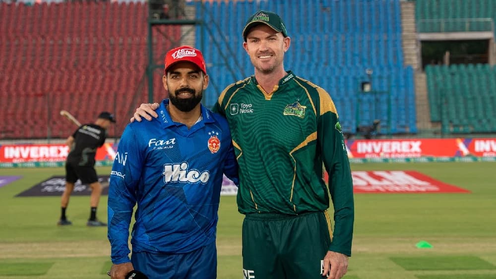 Islamabad United captain Shadab Khan poses with Multan Sultans captain Ashton Turner after the toss ahead of their PSL 2026 league-stage match in Lahore on Sunday, April 26, 2026. (Photo: PSL/File)