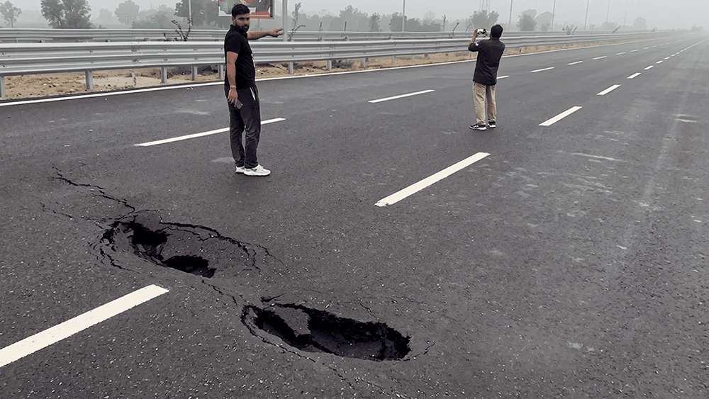 The screengrab shows potholes on the $1.4 billion Delhi-Dehradun Expressway, inaugurated by Prime Minister Narendra Modi in April 2026. (Screengrab: X/@drshamamohd)