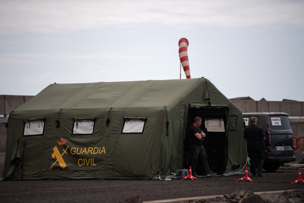 Members of the Spanish Civil Guard wait for the arrival of the Cruise MV Hondius at port of Granadilla de Abona on the island of Tenerife in Spain's Canary Islands on May 9, 2026. (AFP)