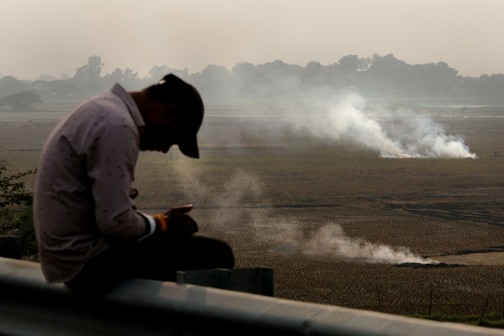 A person checks his mobile phone as farmers burn crop residue after harvest near Bundelkhand expressway in India, on November 17, 2024. (AP)