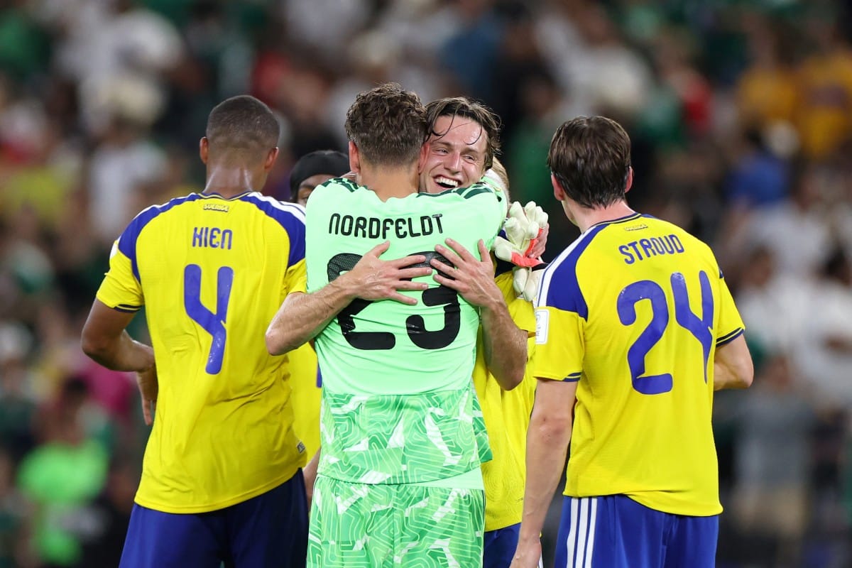 Sweden's goalkeeper #23 Kristoffer Nordfeldt celebrates with a temamate after winning the 2026 World Cup Group F football match between Sweden and Tunisia at the Monterrey Stadium in Guadalupe on June 14, 2026. (Photo: AFP)