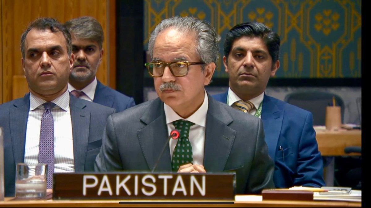 Pakistan's Ambassador Asim Iftikhar Ahmad addresses the UN Security Council on June 23, 2026, to introduce a draft resolution on accountability for attacks on UN peacekeepers. (Permanent Mission of Pakistan to the UN/X)