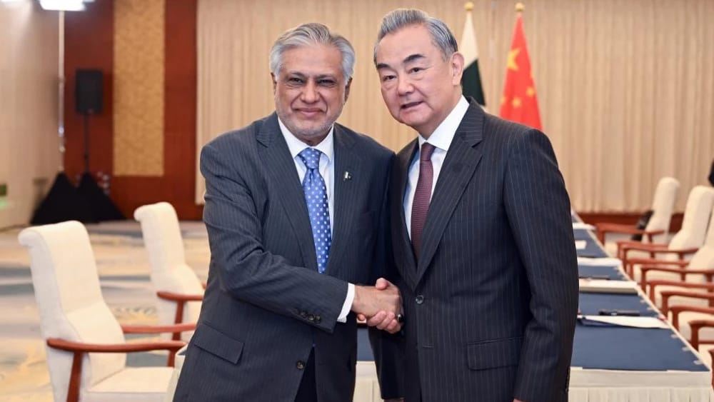 Chinese Foreign Minister Wang Yi meets with Pakistani Deputy Prime Minister and Foreign Minister Ishaq Dar in Tianjin, northern China, on July 16, 2025. (File photo: Xinhua)