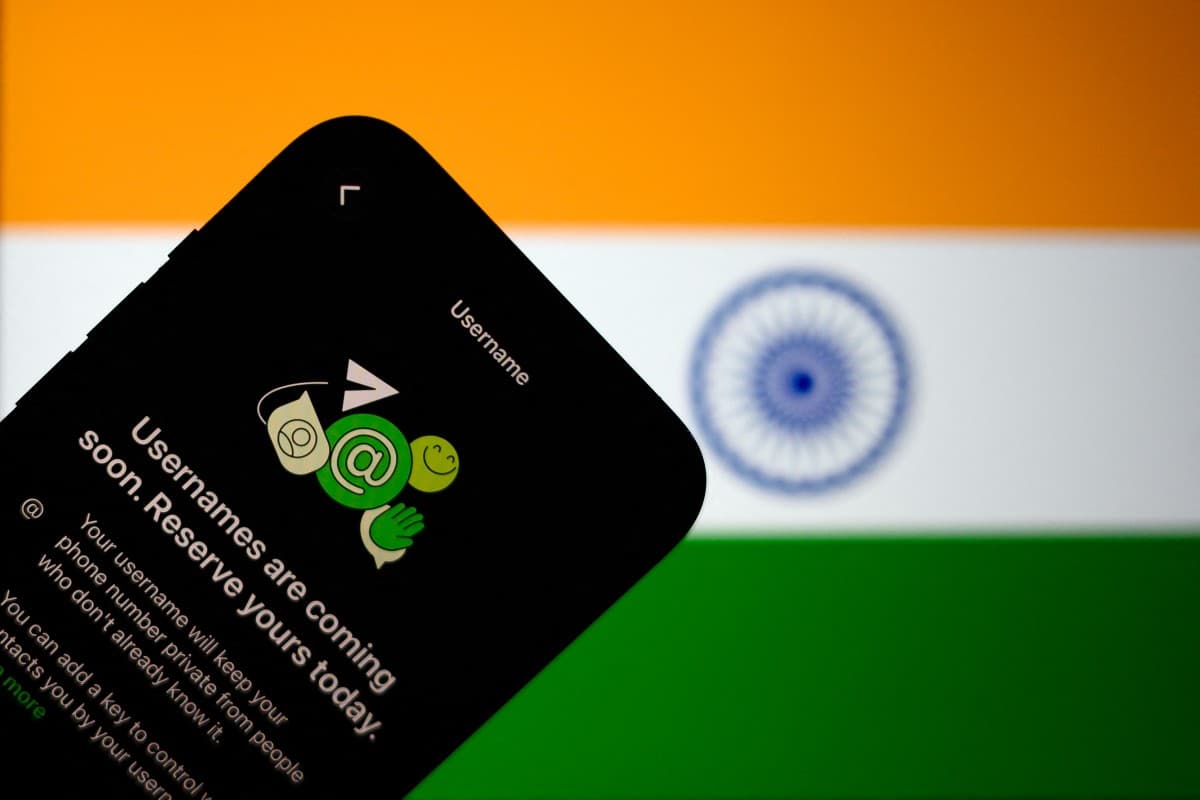This illustration photograph taken on July 2, 2026, shows the new upcoming Usernamer feature on US instant messaging software WhatsApp, displayed on a smartphone with the backdrop of India’s national flag in New Delhi. (Photo: AFP)