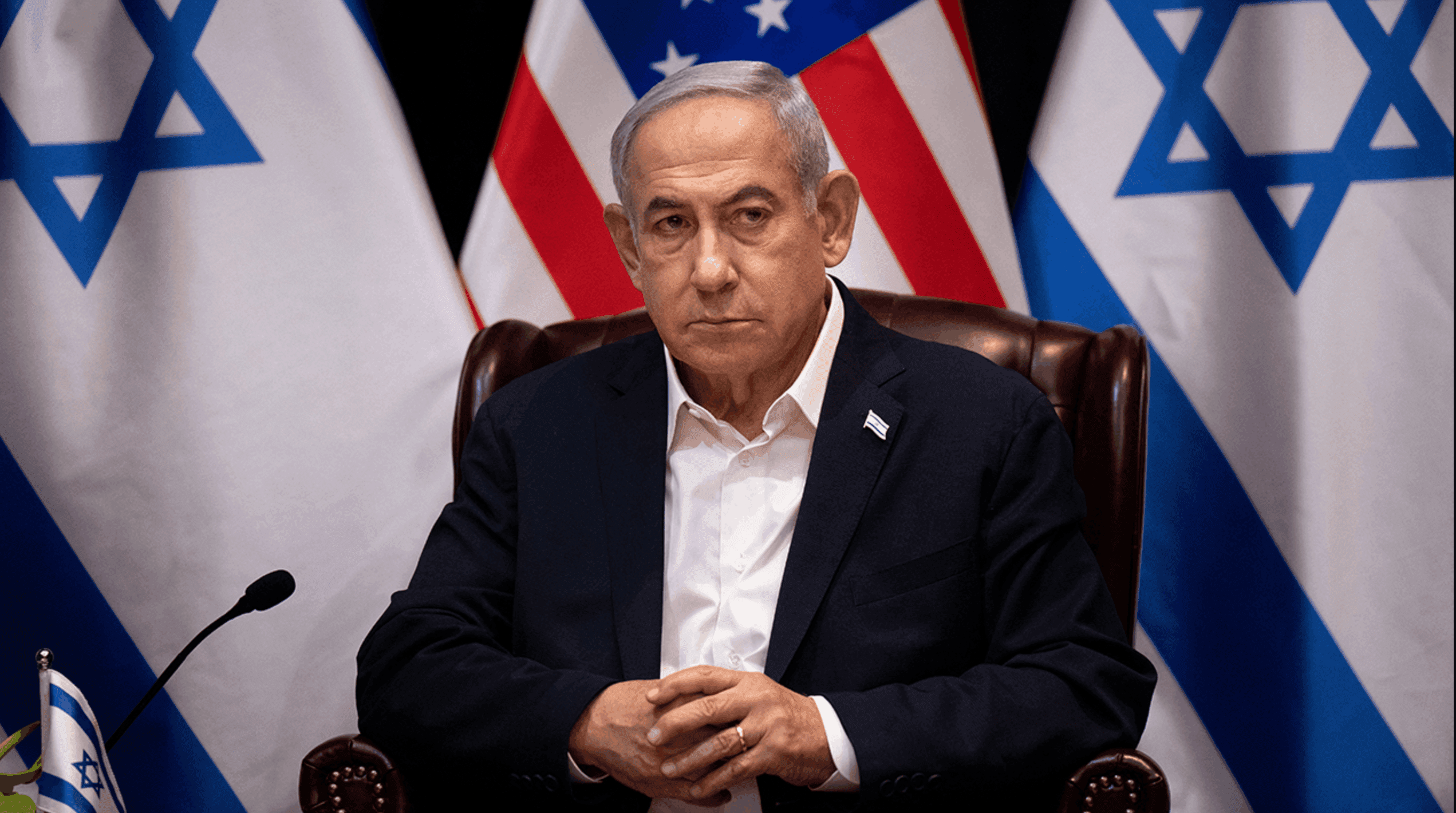 Israeli Prime Minister Benjamin Netanyahu waits for the start of an Israeli war cabinet meeting also attended by U.S. President Joe Biden on Oct. 18, 2023, in Tel Aviv, Israel. (Brendan Smialowski/AFP via Getty Images)