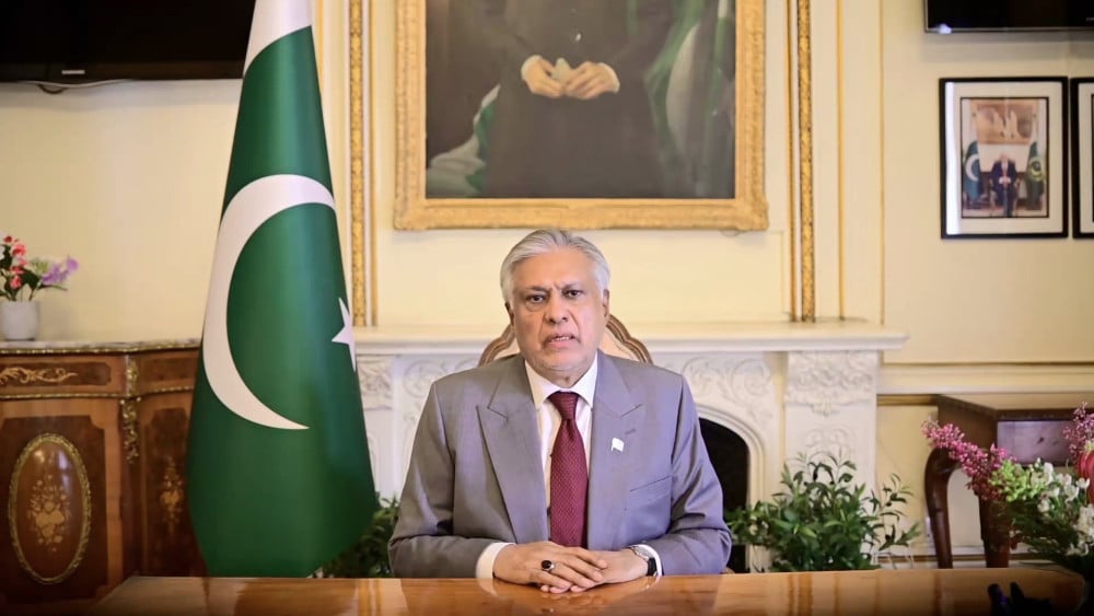 Pakistan’s Deputy Prime Minister and Foreign Minister Ishaq Dar addresses a seminar on the Indus Waters Treaty and South Asian security by video message from London, during his official visit to the United Kingdom on August 28, 2026. (MOFA/X)