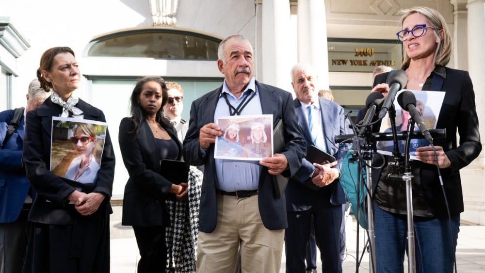 Naoise Connolly Ryan (R), whose husband Mick Ryan was killed in the Ethiopian Airlines Flight 302 Boeing 737 MAX crash, stands with other family members of victims outside a government office in Washington, DC, April 24, 2024. (File photo: AFP)