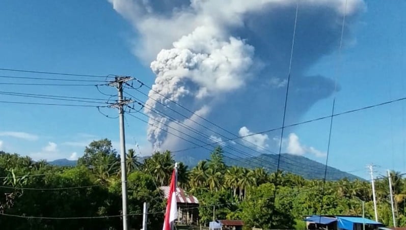 A handout picture taken and released by Indonesia’s Geological Agency on May 8, 2026, shows smoke rising from the eruption of Mount Dukono as seen from Tobelo, North Maluku (AFP).