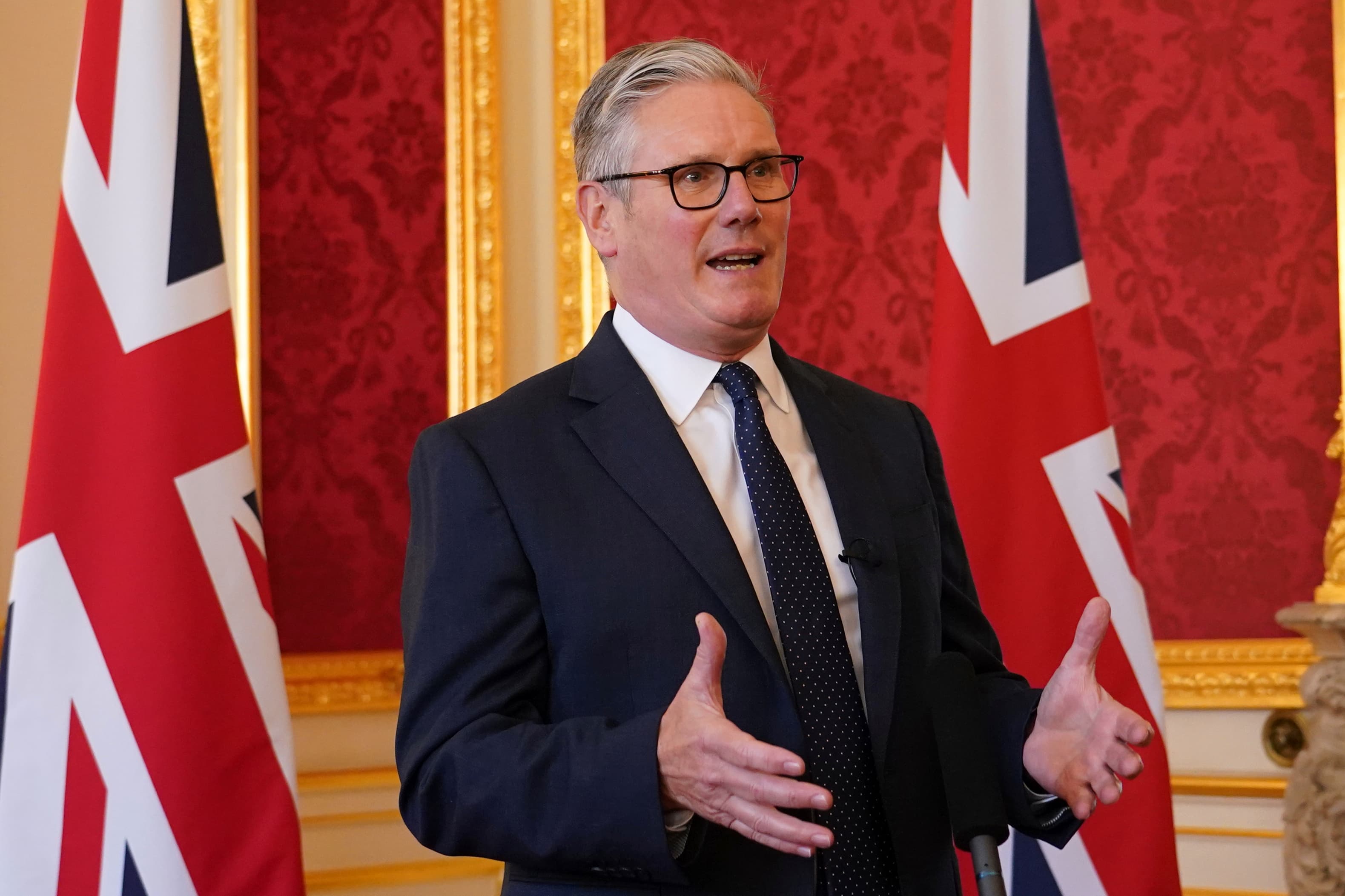 Britain's Prime Minister Keir Starmer speaks as he hosts representatives of the Civil Nuclear industry at a reception at Lancaster House in London, Monday, Sept. 15, 2025