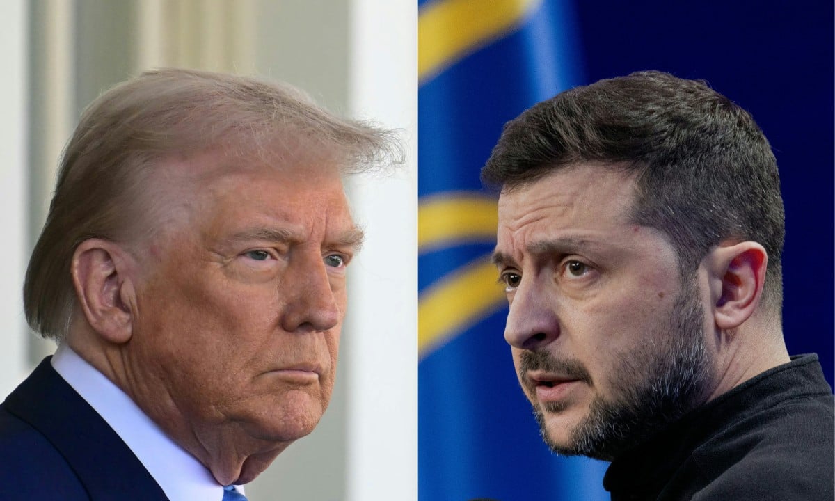 This files combination of pictures created on February 25, 2025 shows US President Donald Trump (L) on February 24, 2025, and Ukraine's President Volodymyr Zelensky (R) on February 23, 2025.