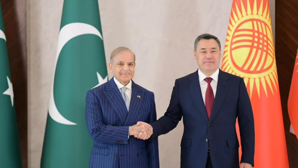 Prime Minister Muhammad Shehbaz Sharif shakes hands with the Kyrgyz President H.E. Sadyr Nurgozhoevich Japarov at the Yntymak-Ordo (Palace of Unity), in Bishkek, Kyrgyzstan on 2 September 2026.