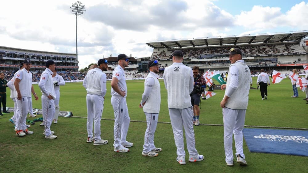England's captain Joe Root (R) leads the team out on the opening day of the first test match between England and Pakistan at Headingley cricket ground in Leeds, northern England on August 19, 2026. (Photo: AFP)