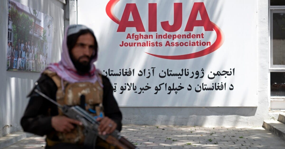 A member of Taliban security force keeps a vigil during an event organised to mark the 'World Press Freedom Day' at the office of the Afghan Independent Journalists Association (AIJA) in Kabul on May 3, 2023. (AFP)