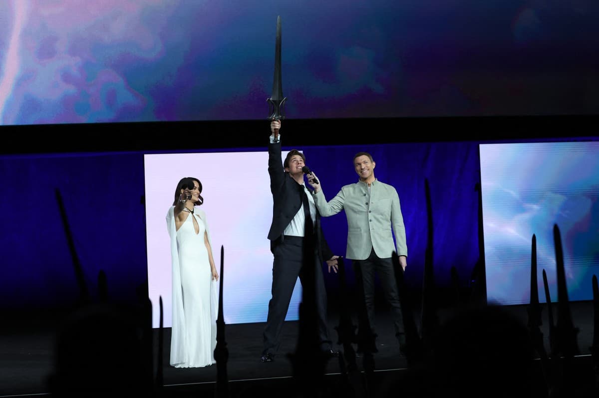 US actress Camila Mendes, British actor Nicholas Galitzine and US director Travis Knight promote the upcoming film "Masters of the Universe" during the Amazon MGM Studios presentation at CinemaCon at The Colosseum at Caesars Palace on April 15, 2026 in La