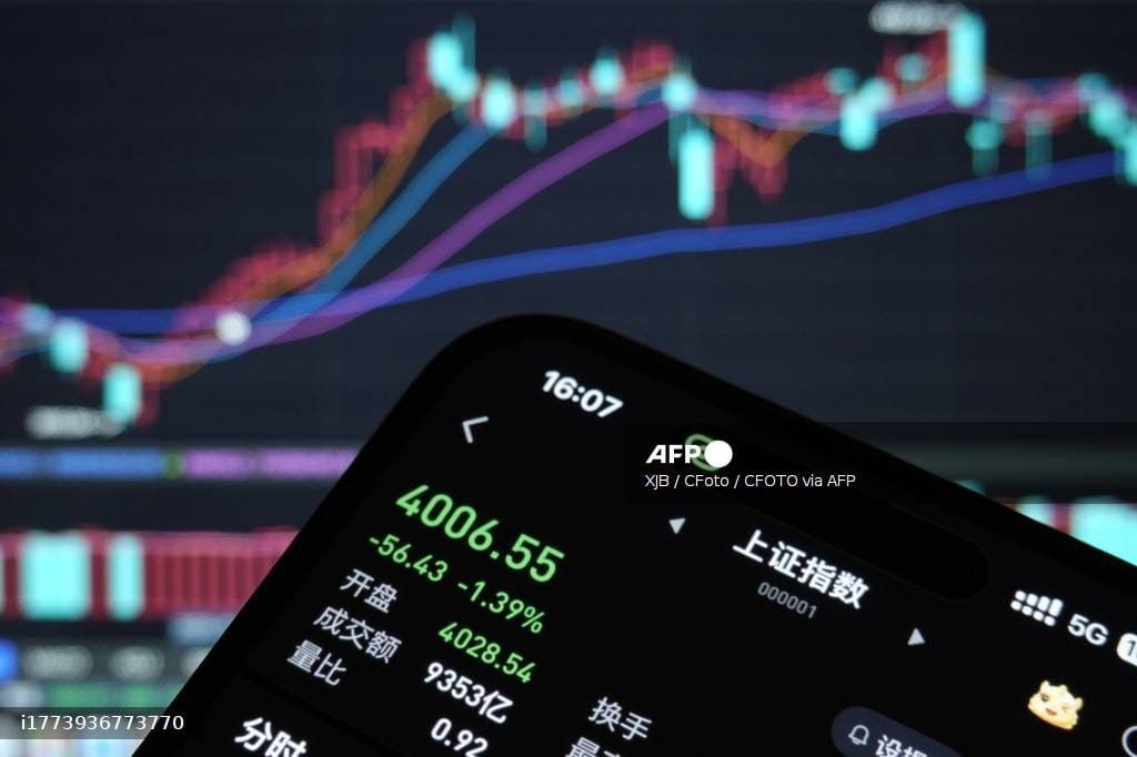 The closing index of the Chinese stock market displayed in a smart phone in Haian, Jiangsu Province, China on March 19, 2026.