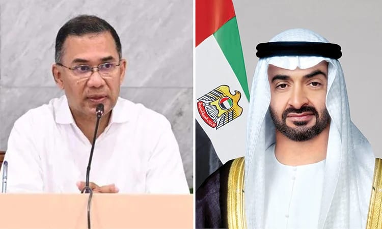Prime Minister Tarique Rahman and UAE President Sheikh Mohamed bin Zayed Al Nahyan.