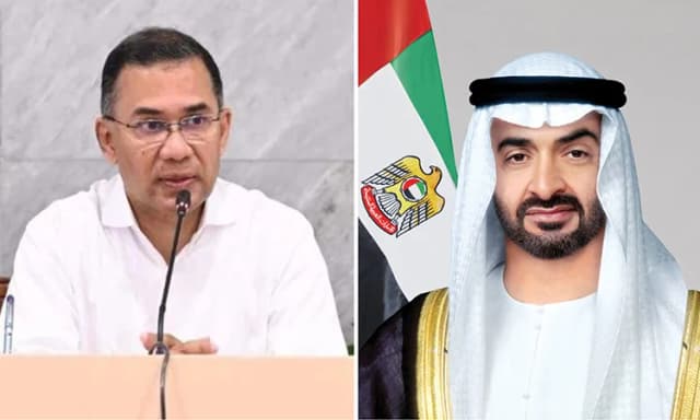 Prime Minister Tarique Rahman and UAE President Sheikh Mohamed bin Zayed Al Nahyan.