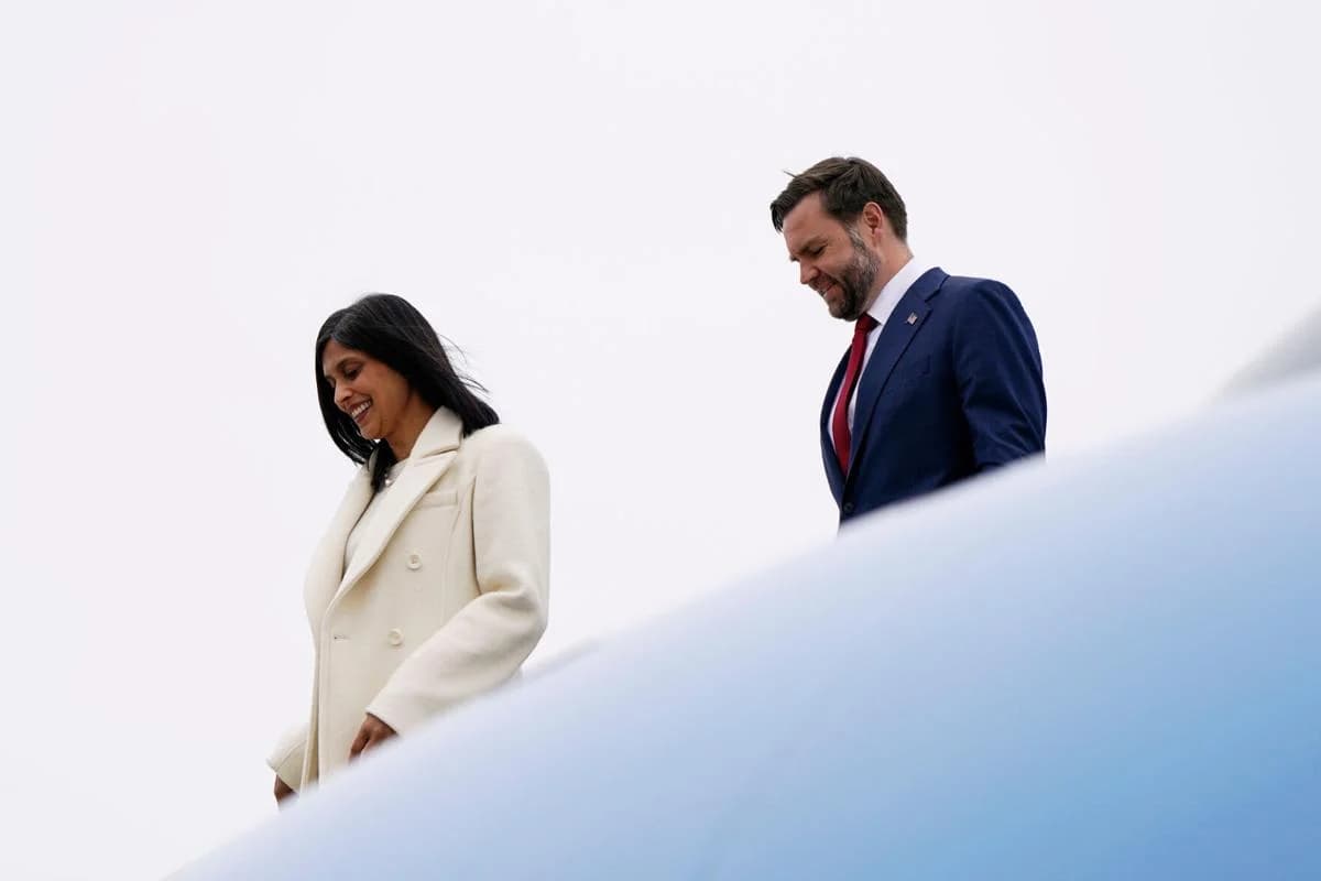 US Vice President JD Vance and Second Lady Usha Vance exit Air Force Two at Oakland County International Airport in Waterford Township, Michigan, on March 18, 2026. (AFP)