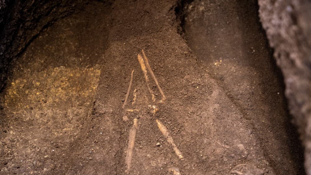 This handout image released by El Salvador's Presidency shows human skeletal remains partially exposed during the excavation of a pre-Hispanic burial estimated to date to 850 B.C. at an archaeological site in Antiguo Cuscatlán, El Salvador, on July 21, 20