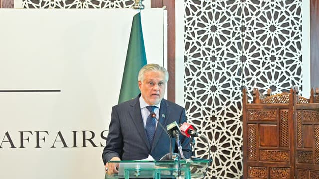 Pakistan Foreign Minister Ishaq Dar briefs the Diplomatic Corps at the Foreign Office in Islamabad on the first anniversary of Marka-e-Haq, the Pakistan–India May 2025 conflict, on May 5, 2026. (Handout/MoFA/File)