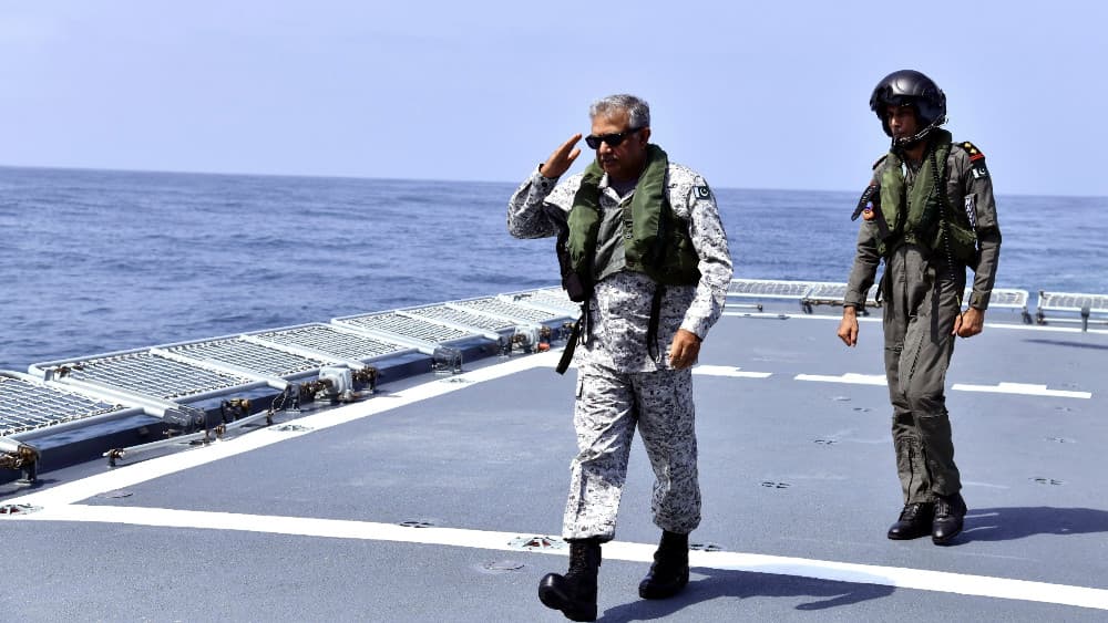 Pakistan Chief of the Naval Staff Admiral Naveed Ashraf being received onbaord PN Ship during exercise SEASPARK 2026 in the Creeks Area of Pakistan on September 20, 2026. (ISPR)