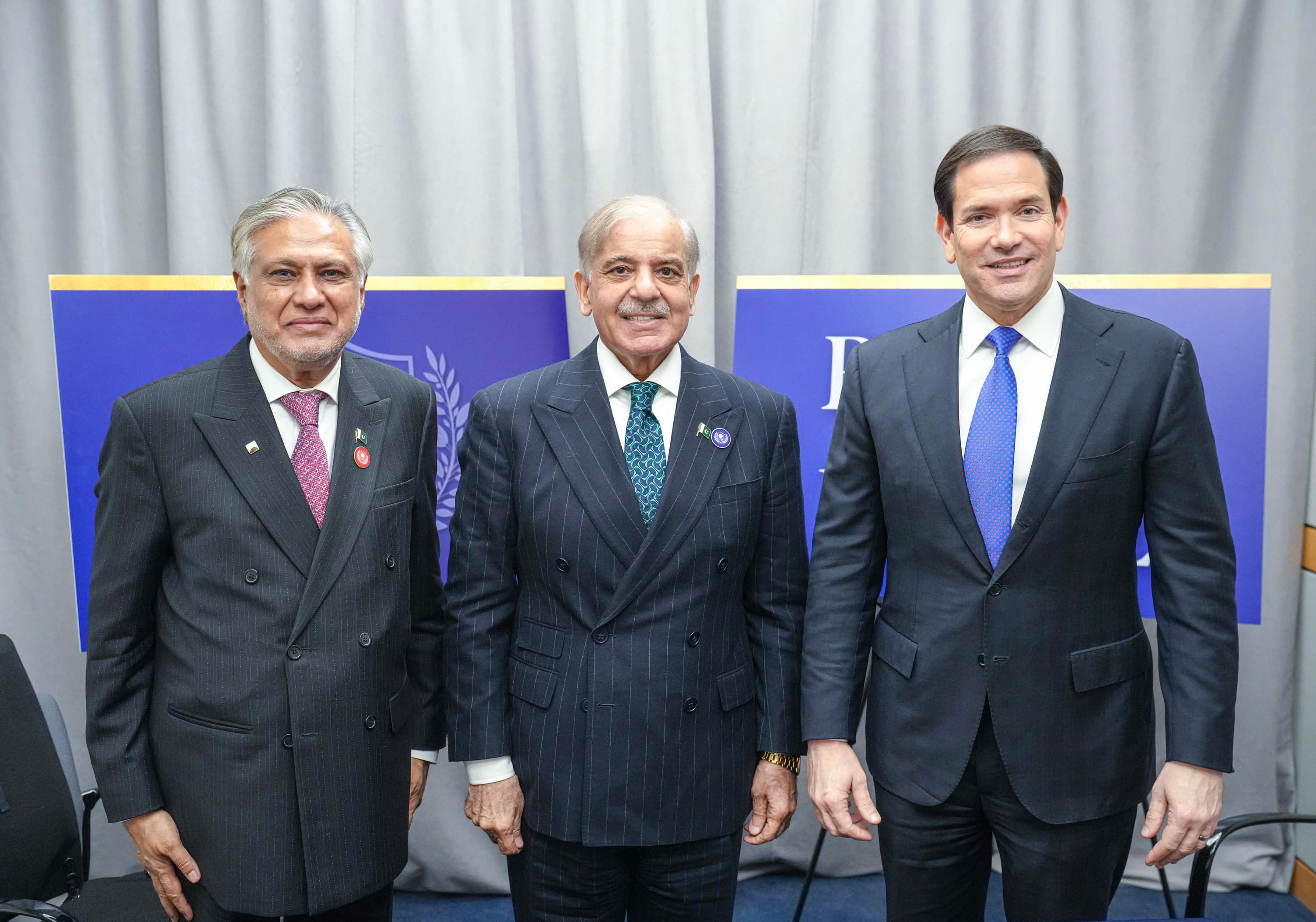 Pakistan Prime Minister Muhammad Shehbaz Sharif and Foreign Minister Ishaq Dar meet US Secretary of State Marco Rubio on the sidelines of the inaugural meeting of the Board of Peace in Washington on February 20, 2026. (Photo released by Prime Minister's O