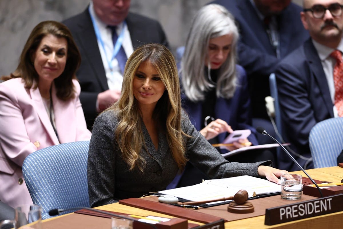 US First Lady Melania Trump chairs a meeting of the United Nations Security Council at UN Headquarters in New York on March 2, 2026.
