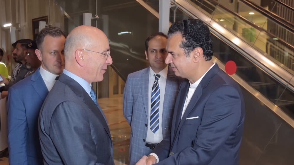 Lebanese Interior Minister Ahmad Al-Hajjar is received by Minister of State for Interior Talal Chaudhry upon his arrival at Islamabad International Airport in Islamabad, Pakistan, Monday, Sept. 14, 2026, for a two-day official visit. (APP)