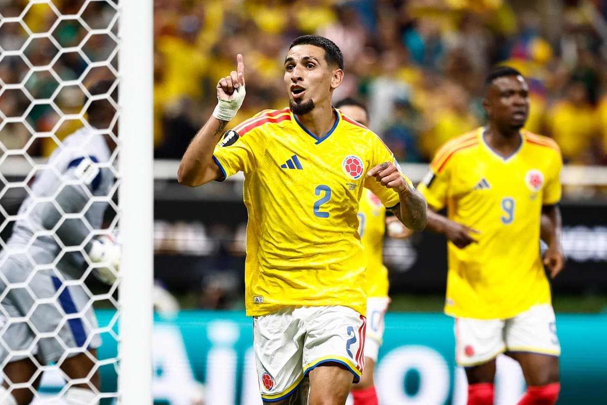Colombia's Daniel Munoz celebrates scoring his team's first goal during the 2026 World Cup Group K football match between Colombia and Democratic Republic of Congo in Zapopan on June 23, 2026. (AFP)