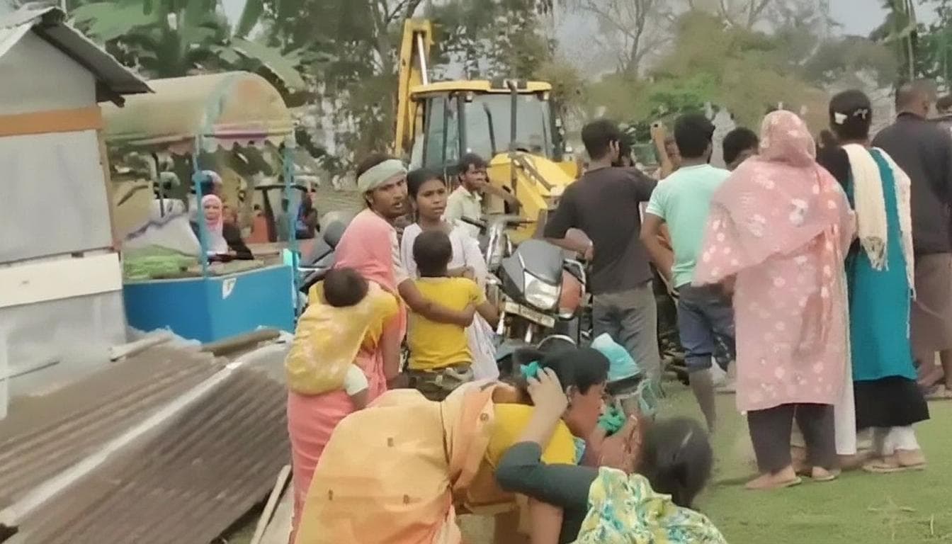 Families watch as bulldozers demolish homes during eviction drive in Azara, Assam, leaving hundreds displaced.